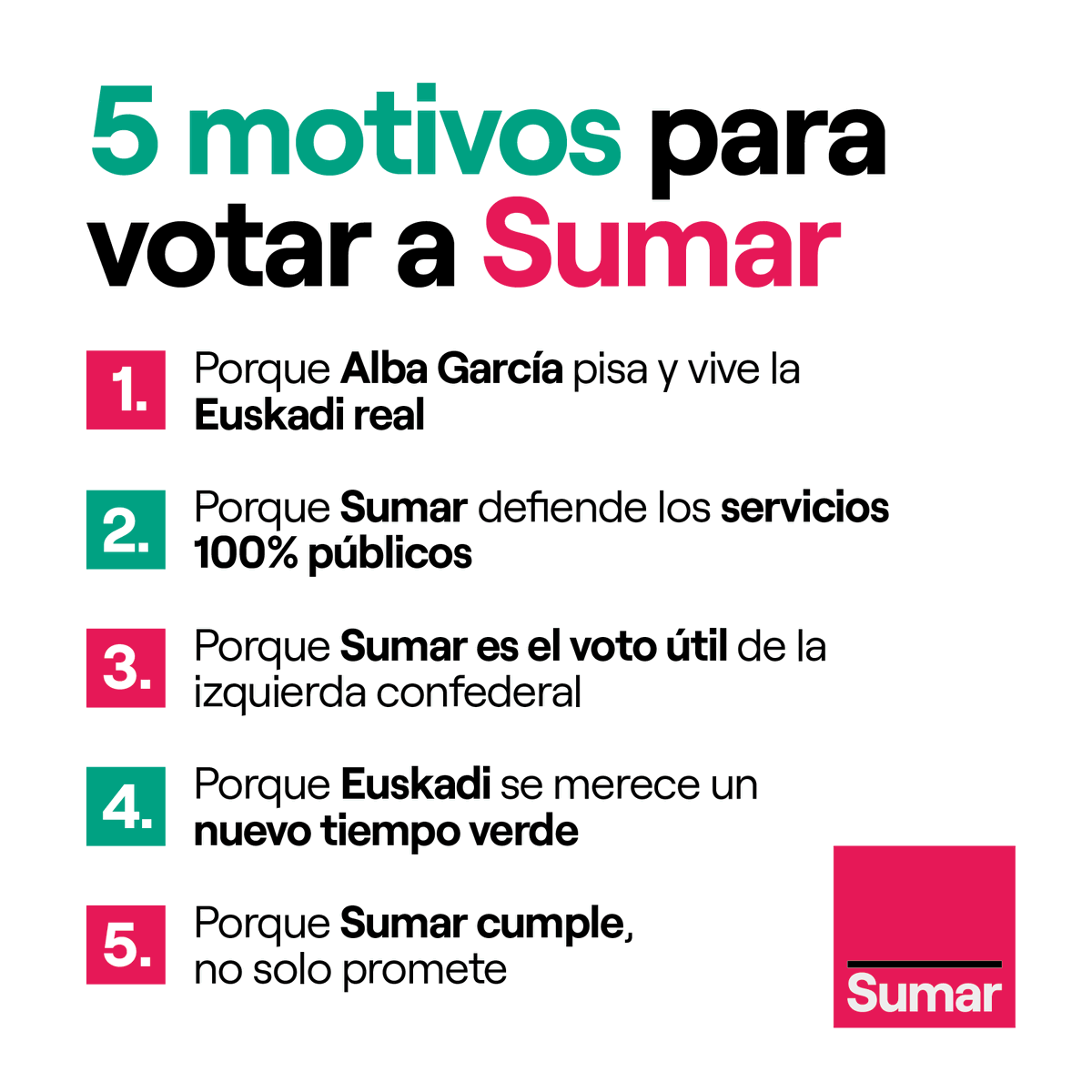 SumarMugimendua's tweet photo. 📢 Que no nos falten los motivos para votar este domingo.

➕ Juntos, sumamos una Euskadi más real.

El #21A, #VotaSumar. 

#EuskadiBerria #EsTuTiempo https://t.co/cK5NWYjsTB