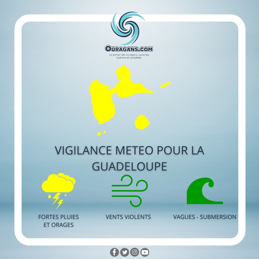 Météo France prolonge la #VigilanceJaune pour 'Fortes pluies/Orages' en vigueur pour la #Guadeloupe jusqu'à samedi en fin de journée, en raison du risque de redéveloppement de foyers pluvio-orageux en matinée de samedi, principalement sur le Nord Basse Terre et les Grands Fonds