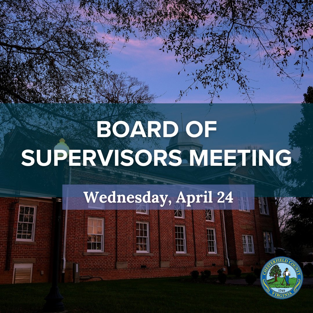 The Chesterfield County Board of Supervisors will meet on Wednesday, April 24.

You can find the news release that includes the online comment form and the meeting agenda in our link in bio!

chesterfield.gov/CivicAlerts.as…