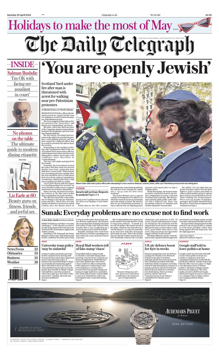 The front page of tomorrow's Daily Telegraph:

'You are openly Jewish'

#TomorrowsPapersToday

Sign up for the Front Page newsletter
telegraph.co.uk/frontpage-news…