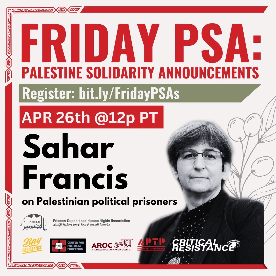 To commemorate the 50th Palestinian Prisoner's Day this month, I'm honored to be in convo w/ Sahar Francis, <a href="/Addameer/">Addameer – الضمير</a> director, a crucial org in Palestine supporting political prisoners. Hosted by <a href="/Center4PE/">@politicaleducation.bsky.social</a>

Friday 4/26. RSVP to join and spread the word! bit.ly/FridayPSAs
