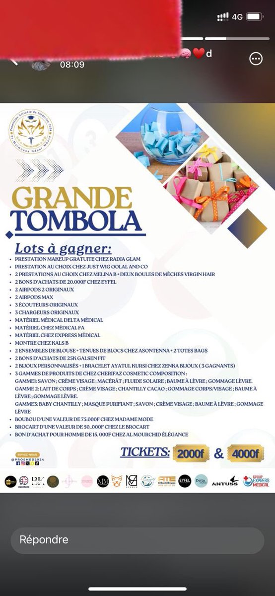 Prosmed2024's tweet photo. Lots de la grande tombola😍 (4.000fr ✨ le ticket) 

- Trousse médical complète chez Delta Médical  d’une valeur de 150k
- Boubou au choix chez Madame Mode d’une valeur de 75k
- ⁠2 boules Virgin hair Melina B + la prestation 
- ⁠Prestation chez Just oolal 
👇🏽👇🏽

#prosmed2k24💥 https://t.co/m2D92VwOqC