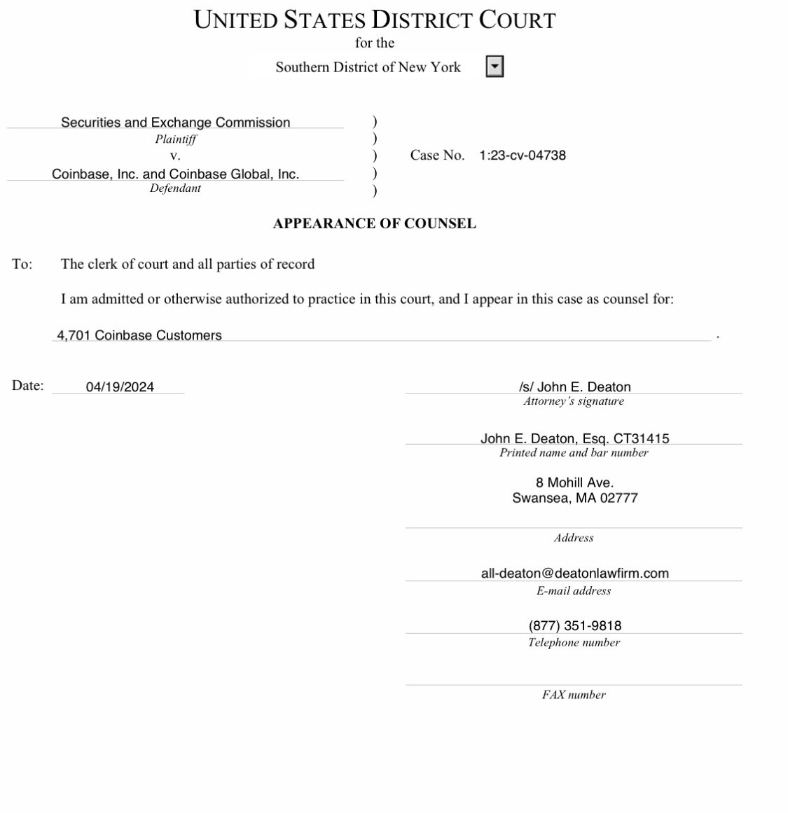 🚨NEW: @JohnEDeaton1 has filed for permission to appear as amici counsel on behalf of 4,701 @coinbase customers in the @SECGov vs. @coinbase case.