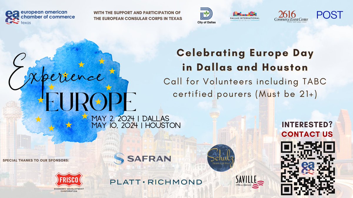 🌟 Calling all volunteers!  🌟
Experience EUROPE is coming to Dallas and Houston, and we are looking for volunteers, including TABC-certified pourers, to join our team!! 🍷 (Must be 21+)
Help bring the flavors of Europe to life! 
Interested? 📨Contact us: ow.ly/nIzf50Rk5b1