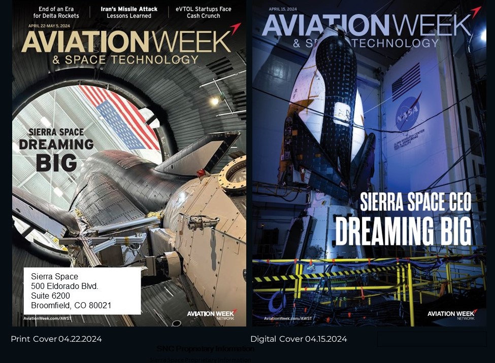 We have landed on the cover(s) of the latest print and digital issues of @AviationWeek! In the issues, CEO, Tom Vice, shares insight on Dream Chaser's progress, our Ghost decelerator technology and more. Print article: brandfolder.com/s/wjf43x6bt4vq… Digital: aviationweek.com/aviation-week-…