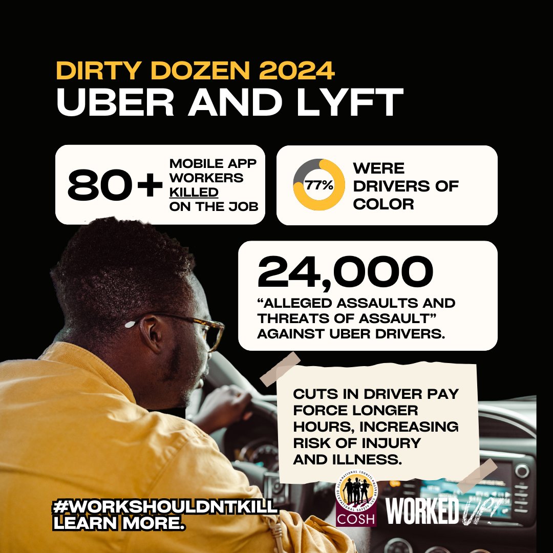 This AM, @gig_chicago kicked off a weekend of #WorkersMemorialDay action as @NationalCOSH announced @Uber's 1 of the 2024 Dirty Dozen unsafe employers. Ahead of Uber's AGM, workers are calling attn to the human cost of the pervasive safety crisis drivers face. #WorkShouldntKill