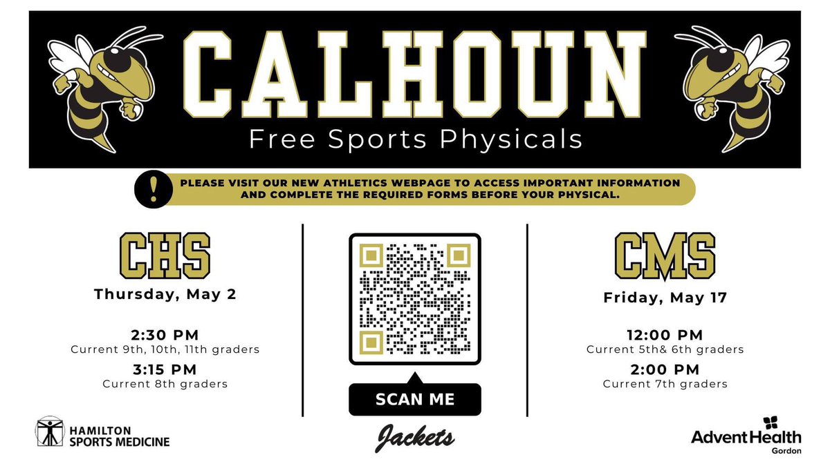 🐝 Jackets, get game-ready with FREE sports physicals thanks to Hamilton Sports Med & AdventHealth Gordon. Exclusively for our student-athletes! Visit our new @CalhounAthDept page for all the details and to complete your forms. calhounschools.org/page/athletics