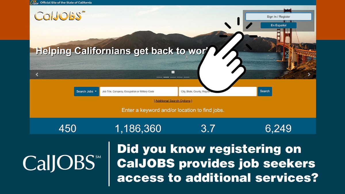 Did you know registering on CalJOBS provides job seekers access to several services?  

Register or Sign In today at: CalJOBS.ca.gov

#WorkingInCa #CaJobs #CalJOBS #Career #CareerDevelopment