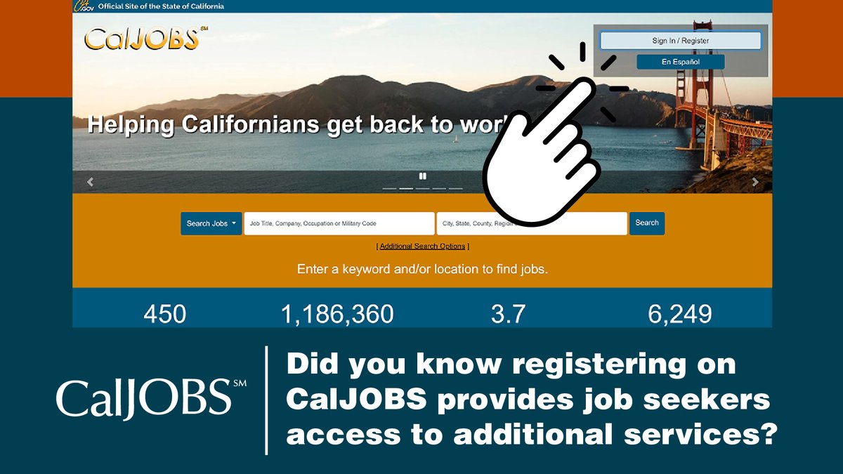 CA_EDD's tweet photo. Did you know registering on CalJOBS provides job seekers access to several services?
Register or Sign In today at: https://t.co/WM5lT0apii
#WorkingInCa #CaJobs #CalJOBS #Career #CareerDevelopment https://t.co/T186xJKQpp
