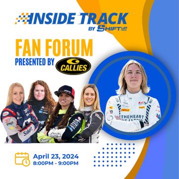 FAN FORUM ALERT🚨

The first Fan Forum presented by  <a href="/CalliesPerforma/">Callies Performance</a> is this Tuesday, April 23 at 8pmEST for <a href="/ShiftUpNow/">Shift Up Now</a> members! 

Want to hear more and ask questions from 
•<a href="/SarahMRacing/">Sarah Montgomery</a> 
•<a href="/PippaMann/">Pippa Mann</a> 
•<a href="/M1cheleAbbate/">Michele Abbate</a> 
•Loni Unser
Link is:
shiftupnow.member365.com/public/event/d…