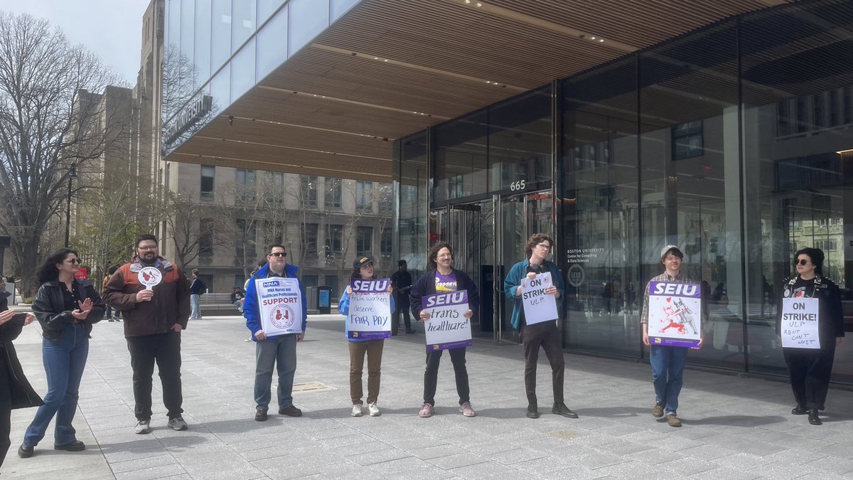 SEIU509's tweet photo. A big thank you to @GBLCBoston @sagaftra @MassNurses for joining @gradworkersofBU on the picket line today! Boston is a union town. 💪#BUGWUOnStrike https://t.co/bZmjwSqlTA