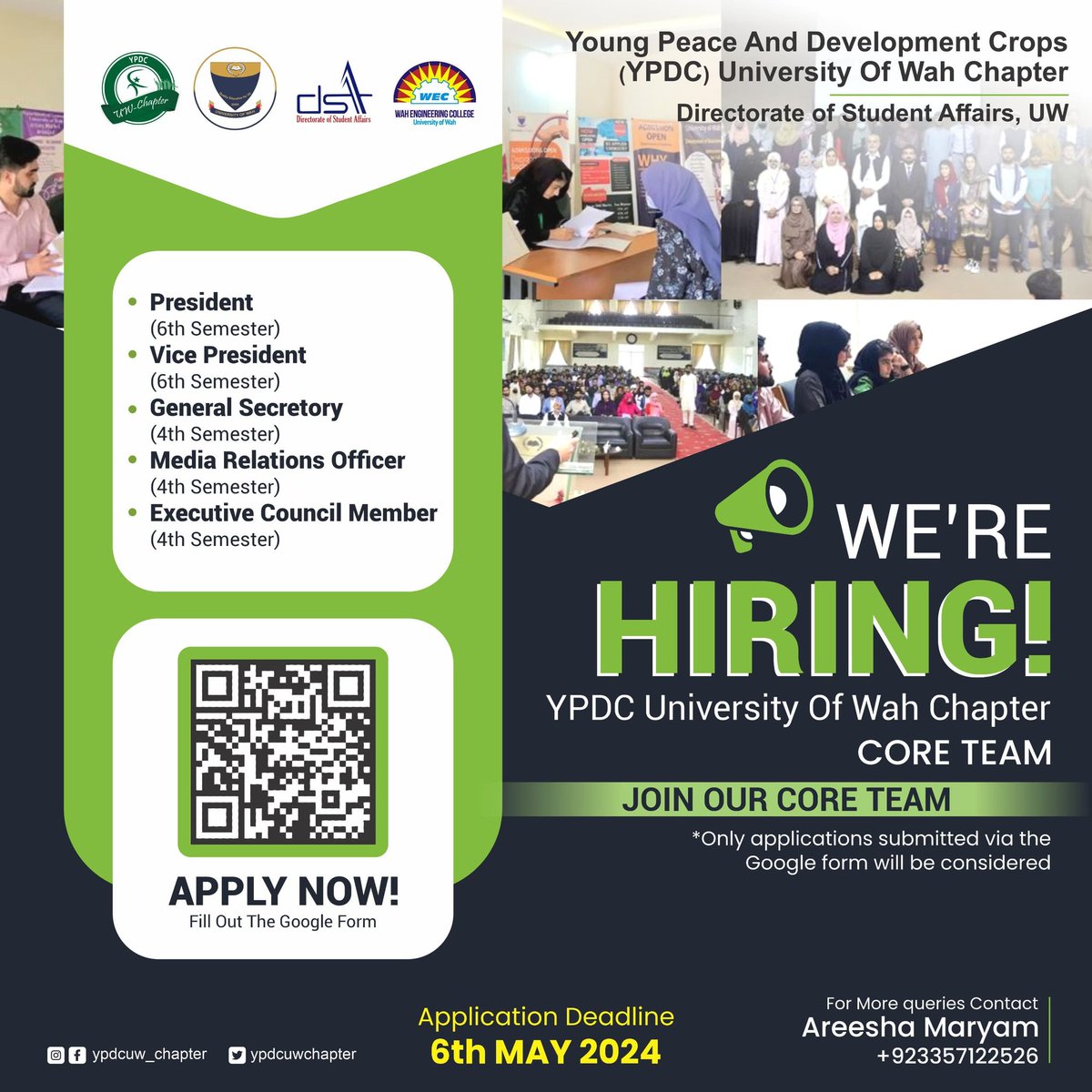 ypdcuwchapter's tweet photo. Join the YPDC University of Wah Chapter CORE Team!
Apply Now: https://t.co/QwXwiFRWhK
For  Query Contact:
Ms. Areesha Maryam, President, YPDC University of Wah Chapter, at 03357122526.
Note: Applications submitted via the Google Form will be considered. 
 Deadline: 6th May, 2024 https://t.co/kLrWBb4Lcn