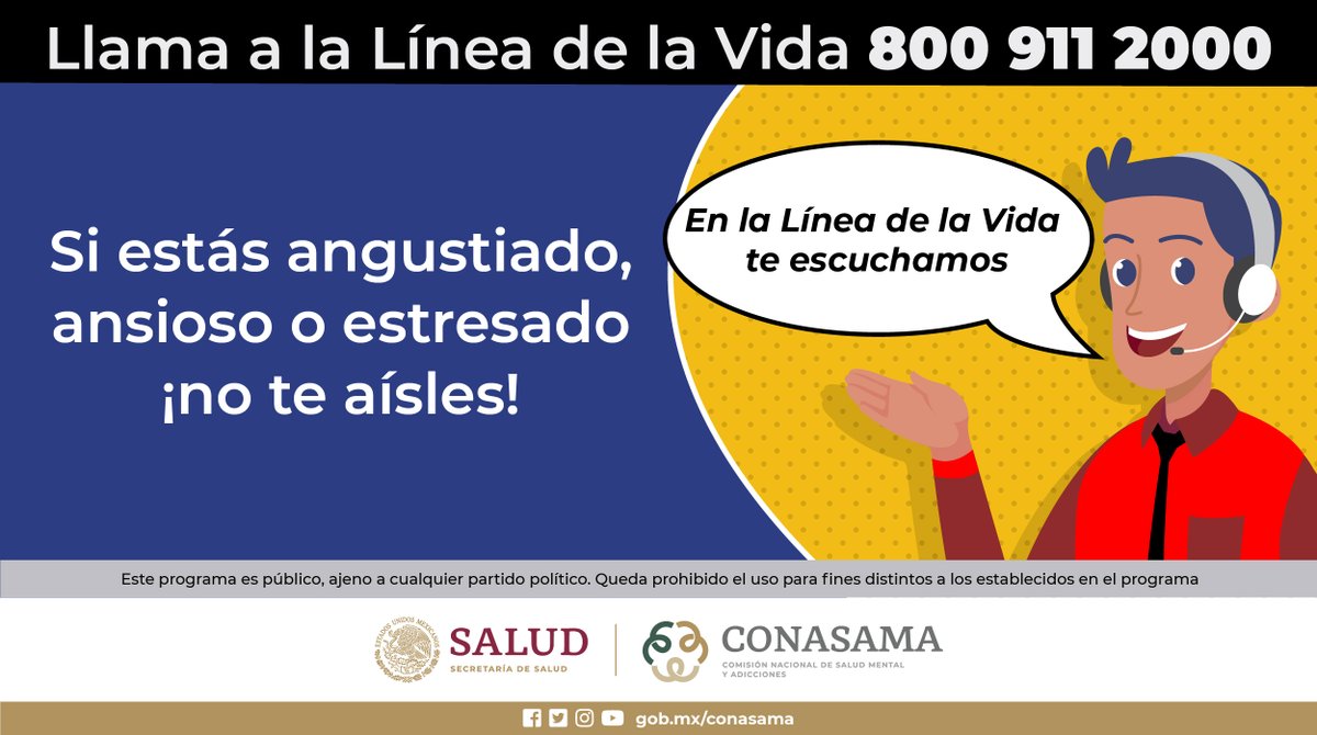 Si necesitas apoyo, #Dialoguemos.  En la

@LineaDe_LaVida
📲800 911 2000 podemos ayudarte ante problemas de salud mental o por consumo de #SustanciasPsicoactivas.  #CuidaTuSaludMental