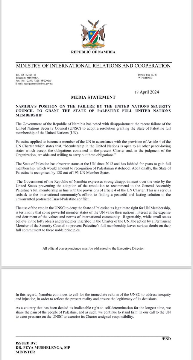 MEDIA STATEMENT… NAMIBIA’S POSITION ON THE FAILURE BY THE UNITED NATIONS SECURITY COUNCIL TO GRANT THE STATE OF PALESTINE FULL UNITED NATIONS MEMBERSHIP