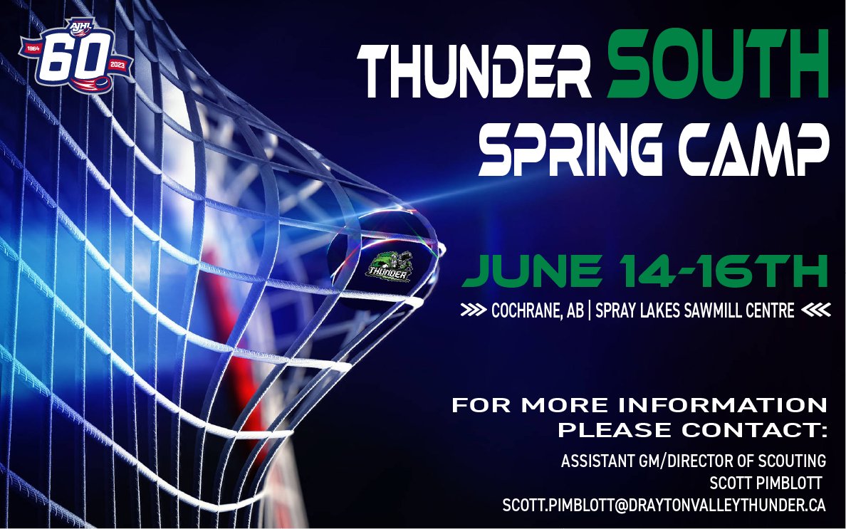 Thunder South Spring Camp in Cochrane 🗓️June 14th-16th, 2024 🏒Spray Lakes Sawmill Centre For more information contact Scott Pimblott at scott.pimblott@draytonvalleythunder.ca