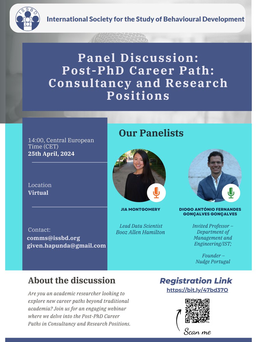 REMINDER! Join us for an engaging panel discussion on 25th April 2024 featuring Jia Montgomery, Ph.D, and Diogo Gonçalves, where we will discuss post-PhD career Paths in Consultancy and Research Positions. Register now! bit.ly/3W2FodY #BehaviouralDevelopment