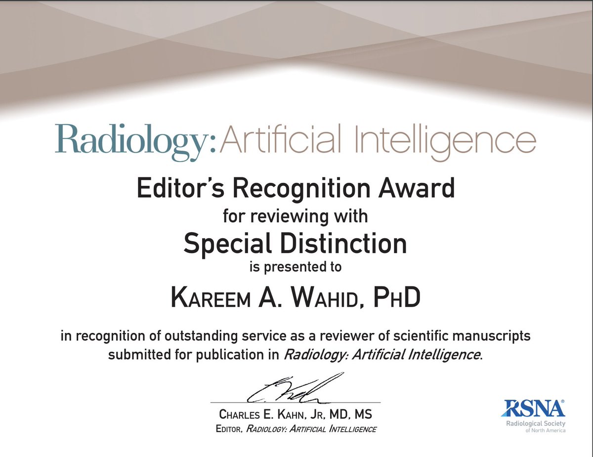 Was very honored to receive this recognition from @Radiology_AI. Thanks to @cekahn and @judywawira for the great opportunity through the RadAI Trainee Editorial Board. Congrats to all the awardees! Also, quick plug, TEB is currently seeking applicants! rsna.org/education/trai…