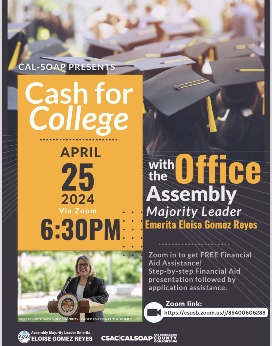 We are partnering with @calsoapsbcc for a free workshop dedicated to helping you navigate financial aid and scholarships. Expert advisors will be on hand to address your questions about #FAFSA, #CADAA, & more! 📆Thursday, April 25 ⏱️6:30 p.m. 📍Zoom 🔗csusb.zoom.us/meeting/regist…