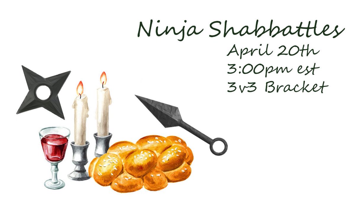 !!!Reminder!!!

Ninja Shabbattles, the #SCON4 3v3 team tourny I'm hosting, is taking place tomorrow, Saturday 4/20 @ 3PM EDT. There's still time to register! The pot reached $200 so I've added another $100. If the pot reaches $400, I'll add another $100 on top!

Register here: