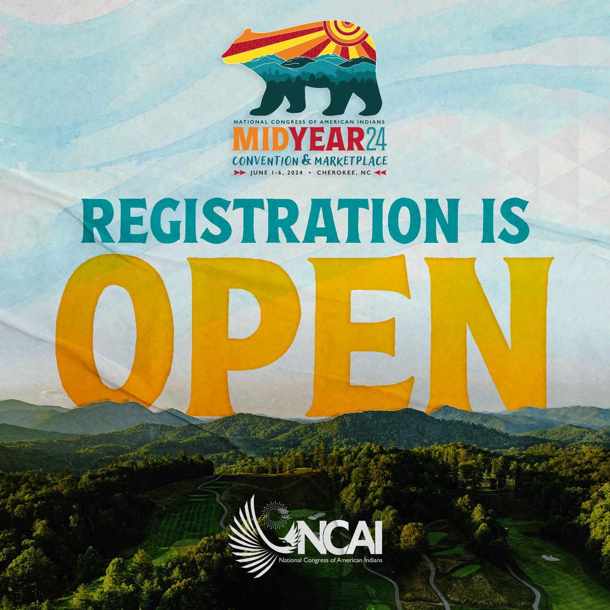Get ready, #IndianCountry! 🌄 Registration is OPEN for the NCAI 2024 Mid Year Convention & Marketplace. Your voice is critical in forging the future of strong nation-to-nation relationships— join us at #NCAIMY24 this June. 📅 June 1-6 📌 Cherokee, NC 🔗 bit.ly/NCAIMY24
