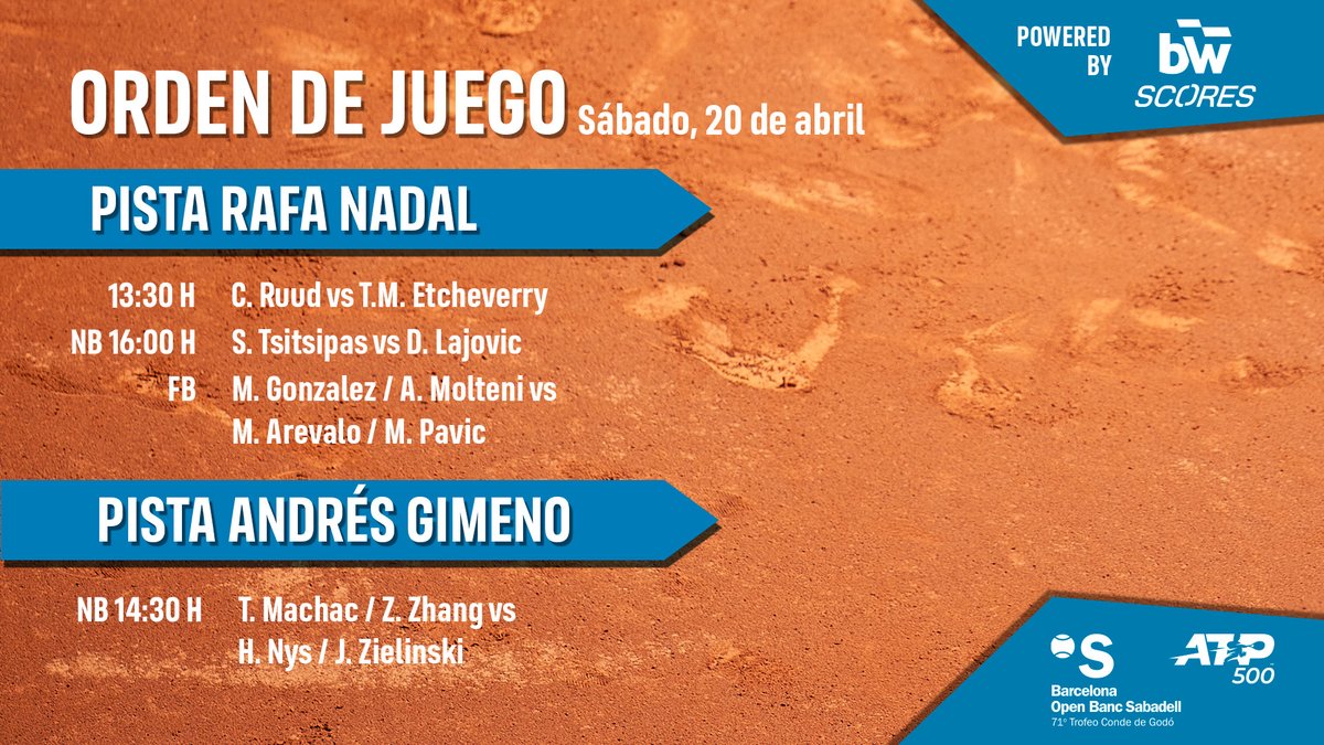 𝗢𝗥𝗗𝗘𝗡 𝗗𝗘 𝗝𝗨𝗘𝗚𝗢 🗓️ Sábado, 20 de abril 🎾 Semifinal 📍 @rctb1899 @ATPTour_ES | @atptour | #BCNOpenBS