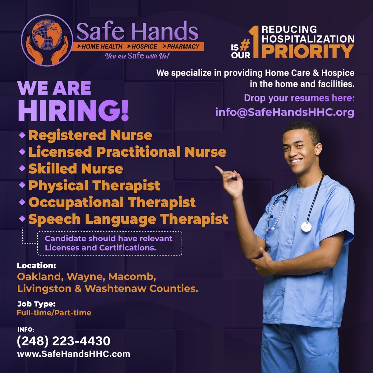 Join our mission to provide outstanding care! 🌟 We're on the lookout for passionate healthcare professionals. 🏥💼

Feel free to contact us now: +1 (248) 223-4430
or
Visit us: safehandshhc.com

#NowHiring #HealthcareHeroes #SafeHandsCareers #NursingJobs #TherapistCareers