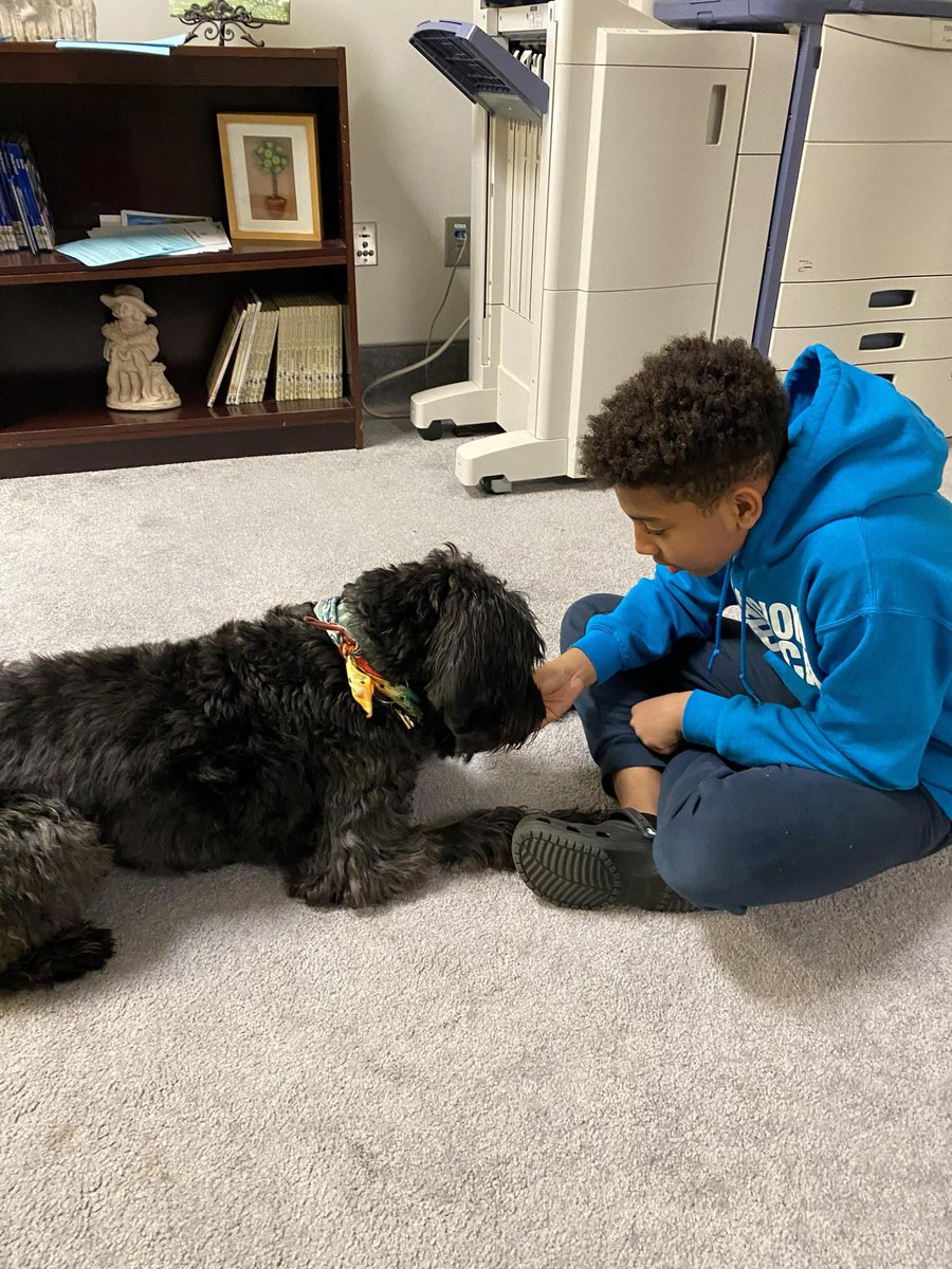 JBHC_HCS's tweet photo. The sweetest therapy that comes with endless kisses. We love our Skillet and his momma @TraumaandHope ❤️ He even wore his tye dye scarf today for #ECweek_HCS. #TherapyDogsAreAwesome #EmotionalSupport @JBHC_HCS @RJSpencer1118 @HenryCountyBOE @Shille_E @KStowers_BIC @LMCoxton https://t.co/Y1CXUNombu