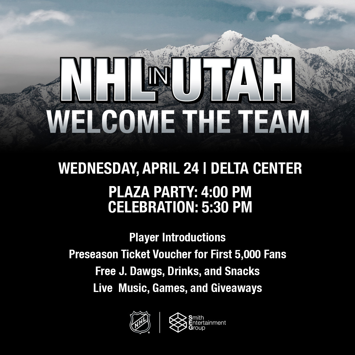 Let’s get this party started 🏒🎉 Join us Wednesday at Delta Center for a free event to welcome the team and celebrate #NHLinUtah. There will be food, entertainment and preseason ticket vouchers for the early birds.