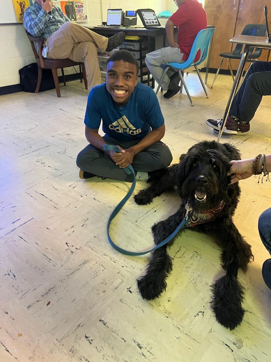 JBHC_HCS's tweet photo. The sweetest therapy that comes with endless kisses. We love our Skillet and his momma @TraumaandHope ❤️ He even wore his tye dye scarf today for #ECweek_HCS. #TherapyDogsAreAwesome #EmotionalSupport @JBHC_HCS @RJSpencer1118 @HenryCountyBOE @Shille_E @KStowers_BIC @LMCoxton https://t.co/Y1CXUNombu