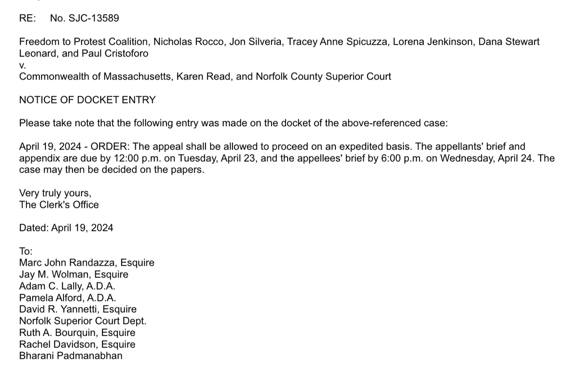 Well well well.... the Massachusetts SJC wants full briefing on the Prior Restraint Zone case, by Tuesday at noon. #KarenRead #KarenReadTrial I take it as a good omen that this came in on America's birthday. Maybe the SJC will restore the First Amendment.