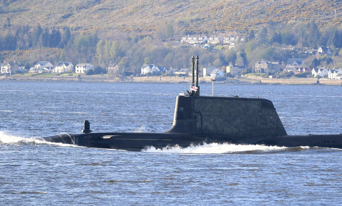 Royal Navy Astute class submarine passing Gourock this evening outbound from Loch Long #royalnavy #navy #shipping #submarines