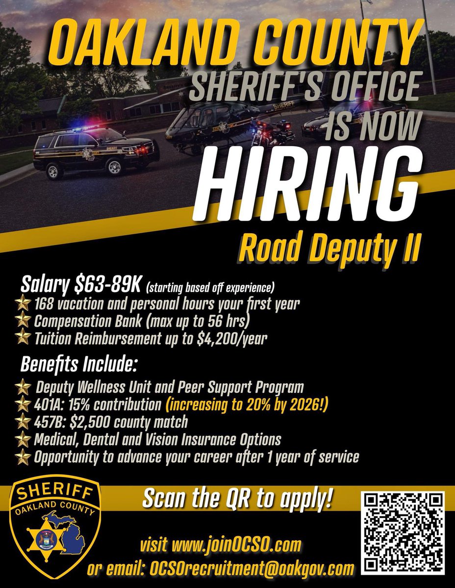 Did you know we hire lateral officers to Road Deputy? Contact our recruiter at OCSOrecruitment@oakgov.com