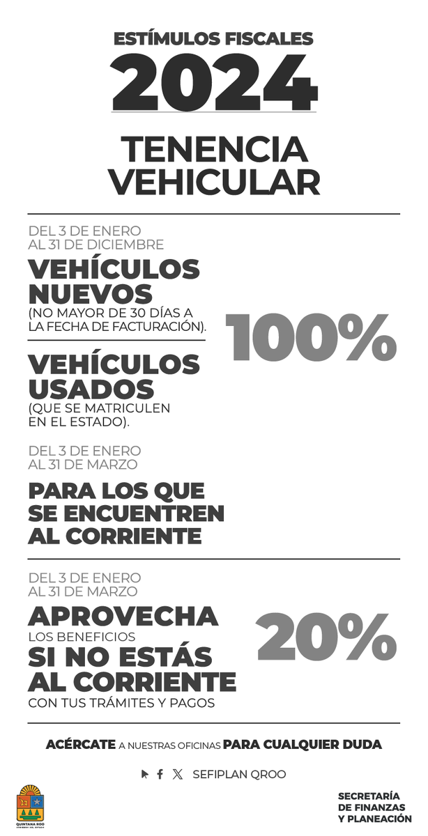 #EstímulosFiscales en #TenenciaVehicular2024
 Para mayor información, Asistencia al Contribuyente del SATQ al Whatsapp 998 483 76 59 y 998 329 57 45 ó llama 983 688 1901 y 983 688 1096 y 983 688 3842.