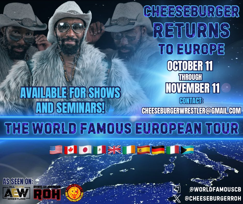 The World Famous Tour continues, Cheeseburger returns to Europe this Fall! My trip in 2022 was absolutely wonderful. This year will be bigger and better! Dates are already closing up fast! Shows/Seminars: CheeseburgerWrestler@gmail.com Please RT and Share around! -🍔