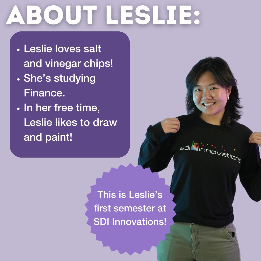 Meet our intern spotlight for this week – Leslie! Leslie is one of our Content Creator Interns, creating videos for an upcoming project! Read on to learn more about Leslie. 

#SDIInnovations #Lovewhereyouwork