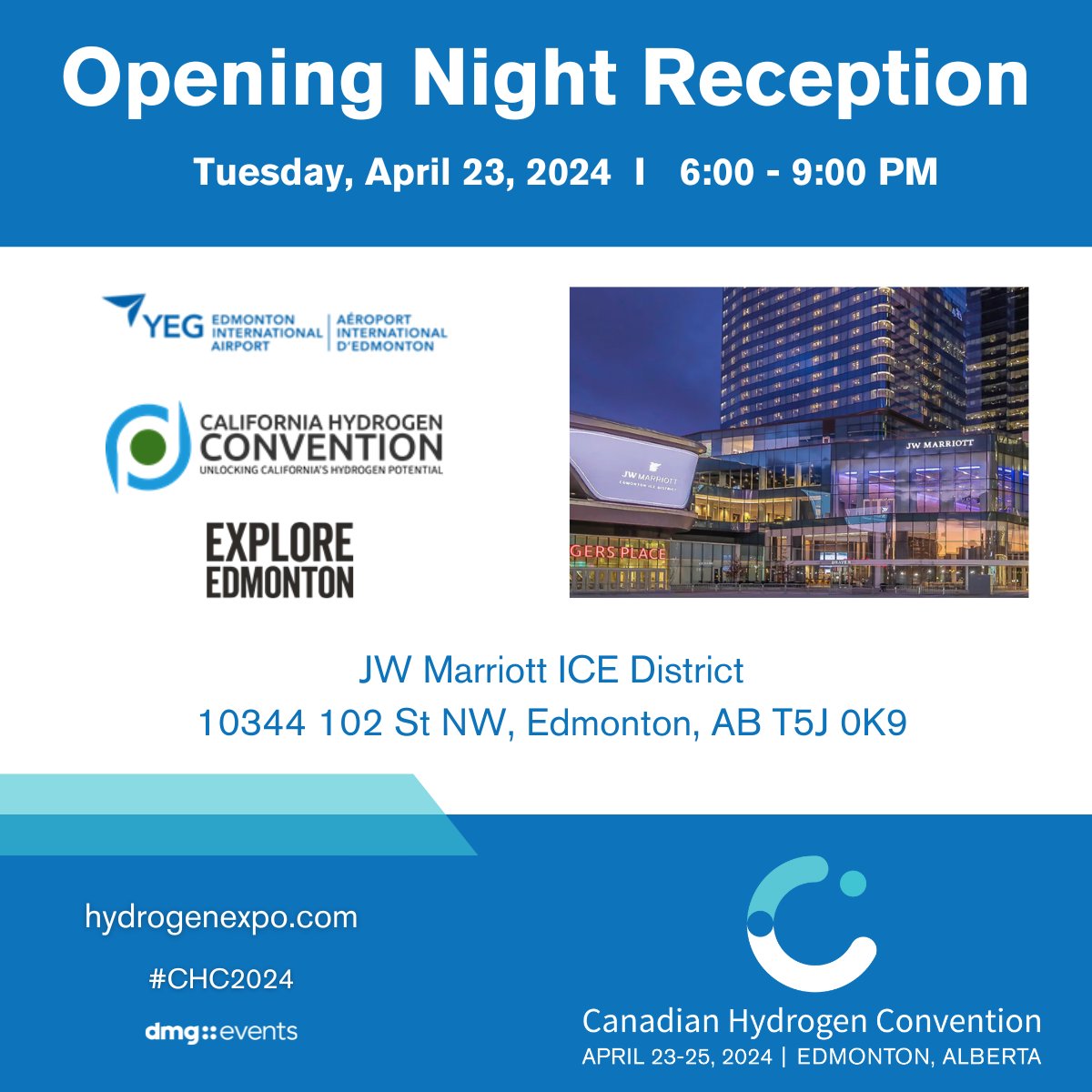 Don't miss the #CHC2024 Opening Night Reception, on April 23 hosted by @FlyYEG, California Hydrogen Convention, & @ExploreEdmonton at the JW Marriott ICE District. Included in your strategic and technical delegate pass. Learn more: ow.ly/e3Gu50Rkh3u