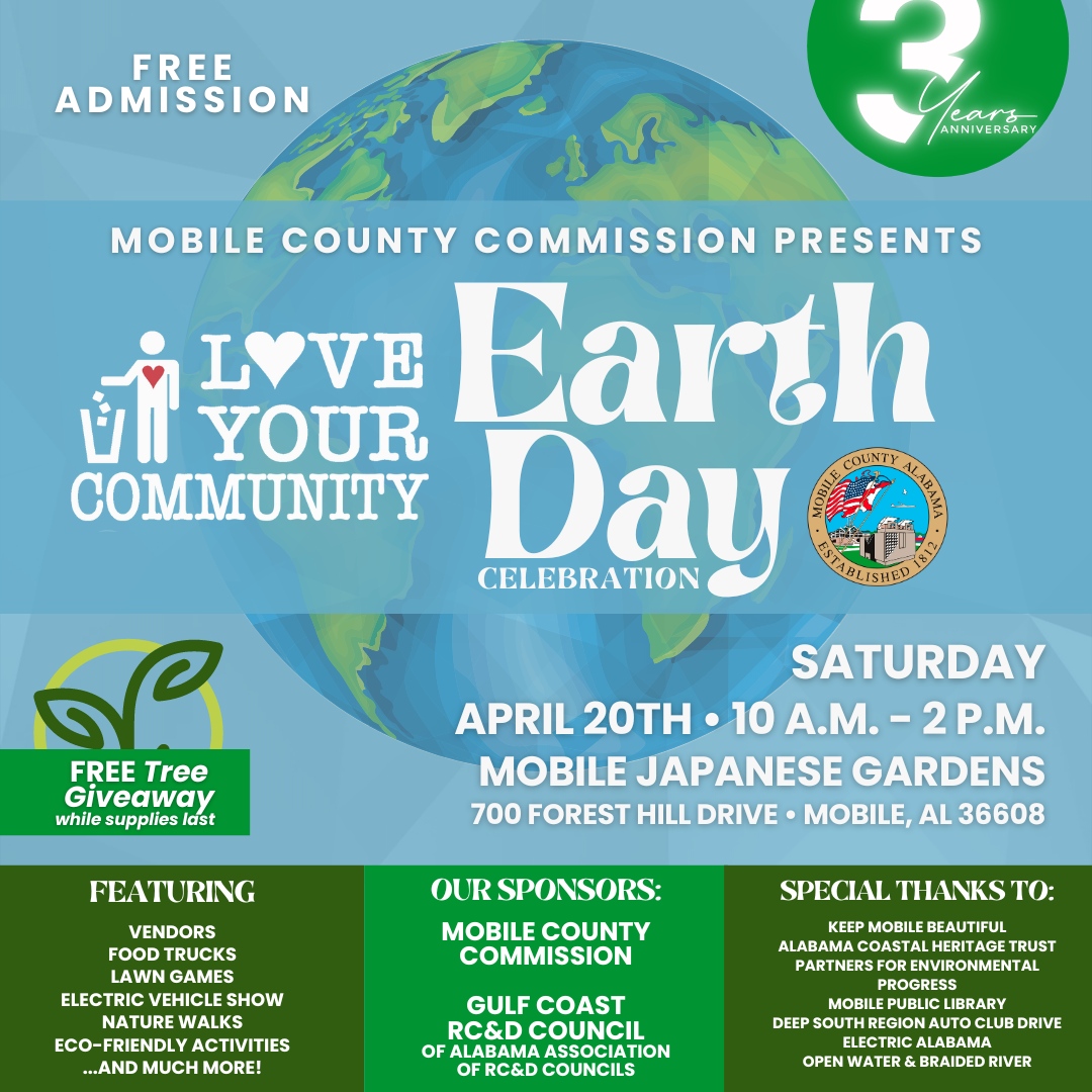 Join Mobile County Commission and Love Your Community for the 3rd annual EARTH DAY CELEBRATION on April 20 from 10 a.m. to 2 p.m. at Mobile Japanese Gardens! 

#EarthDay #MobileCountyAL # #LoveWhereYouLive #MoCo