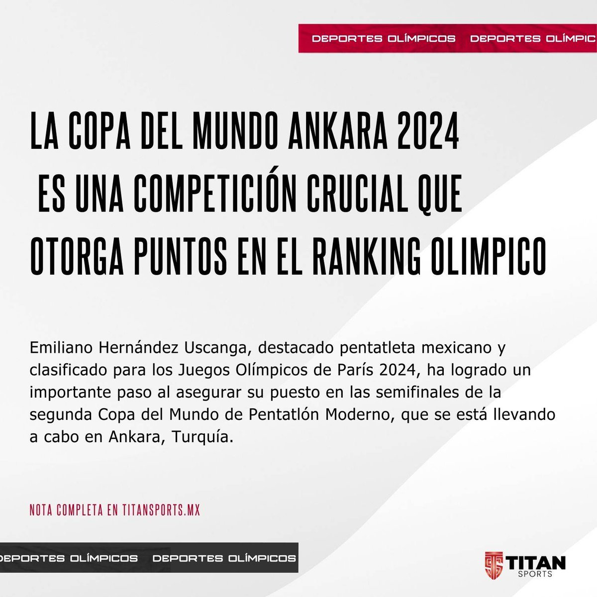 El pentatleta mexicano, actualmente ostenta el título de subcampeón mundial en la disciplina.🇲🇽 #Paris2024

🔗titansports.mx/emiliano-herna…