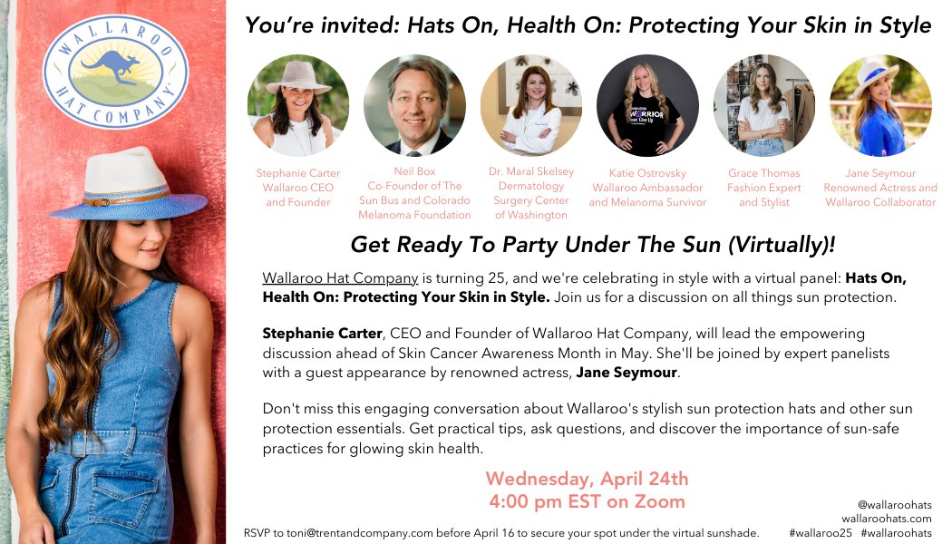 🎉 Save the date! Join us for 'Hats On, Health On: Protecting Your Skin in Style' with @wallaroohats on April 24th at 4:00 pm EST. ☀️Get ready for an engaging discussion on sun protection and stylish hats led by CEO Stephanie Carter. RSVP today! #SunProtection #SkinHealth