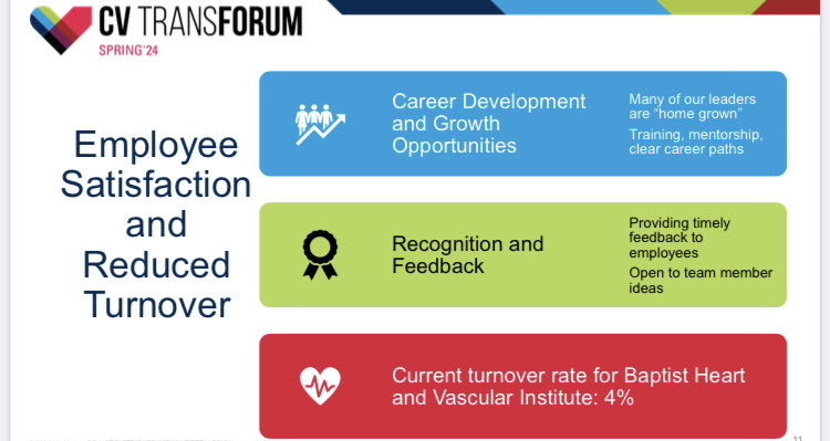 Excellent talk on leading a positive workforce culture by ⁦⁦<a href="/eBHC/">Baptist Health Care</a>⁩ team at #CVTransforum - importance of communication, integrity, celebrating success, trust, mission. Result: 4% staff turnover! ⁦<a href="/MedAxiom/">MedAxiom</a>⁩ ⁦<a href="/ACCinTouch/">American College of Cardiology</a>⁩ ⁦@DrLaxmiMehta⁩