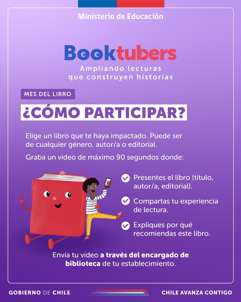 Las y los invitamos a demostrar su amor por los libros y ¡ser parte de los Booktubers!✨Pueden participar todas y todos los niños, niñas y adolescentes de prekínder a 4to medio, enviando un video de máximo 90 segundos reseñando su libro favorito.