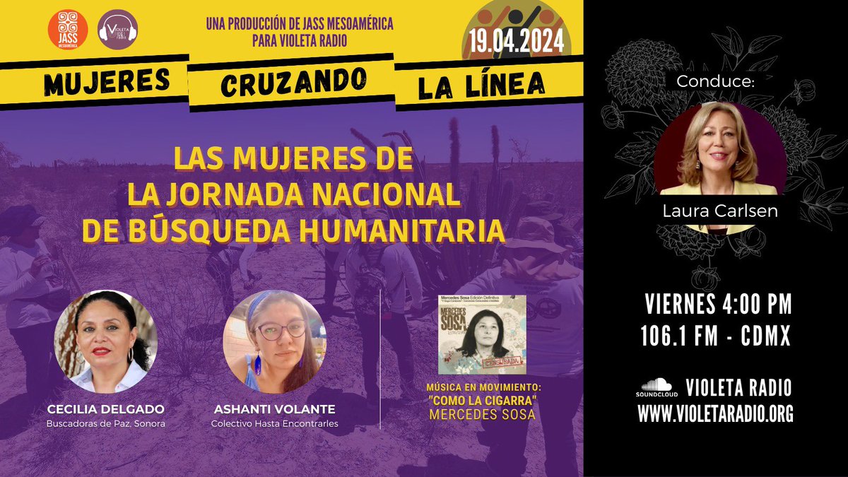 Sintoniza hoy Mujeres Cruzando La Línea 🚸 y conoce sobre la Jornada Nacional de Búsqueda Humanitaria que se lleva a cabo del 18 al 20 de abril. Viernes 4 pm - 106.1 fm