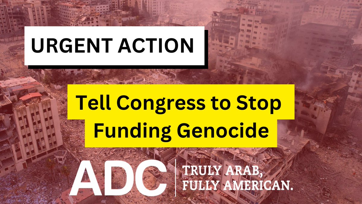 The US House of Representatives is getting ready to vote tomorrow on a bill that would give over $15 billion in additional military aid to the genocidal Israeli government. Email your Members of Congress and demand that they refuse to fund genocide > adc.org/urgent-action-…