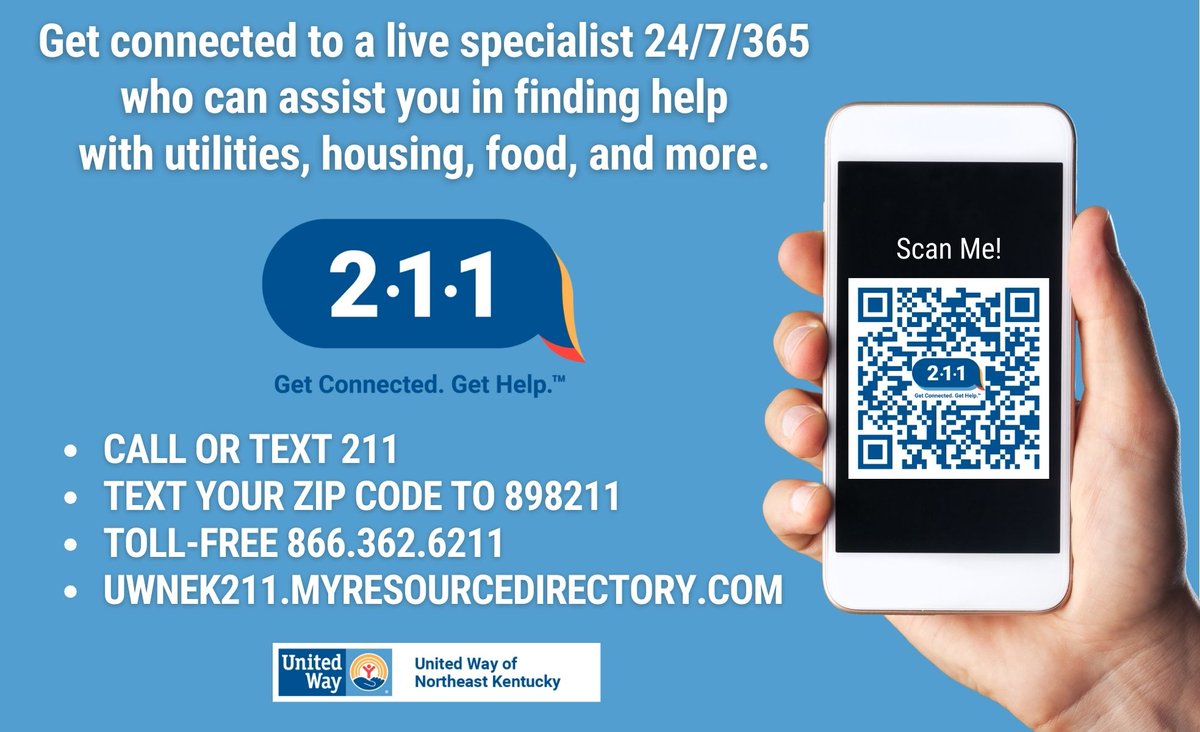 Whether you need assistance, support, or information, live specialists are available 24/7/365. 📞 CALL OR TEXT 2-1-1 📱 TEXT YOUR ZIP CODE TO 898211 💻 VISIT uwnek211.myresourcedirectory.com
