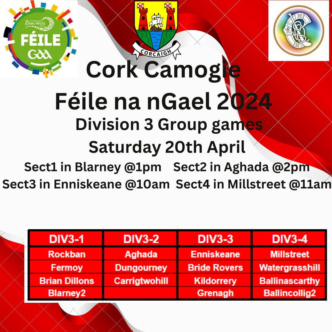 Cork Camogie Féile na nGael 2024 takes place this weekend across the county. Best of luck to all teams. Follow results via the links below Div 1 : corkcamogie.com/2024-feile-div… Div 2 : corkcamogie.com/2024-feile-div… Div 3 : corkcamogie.com/2024-feile-div…