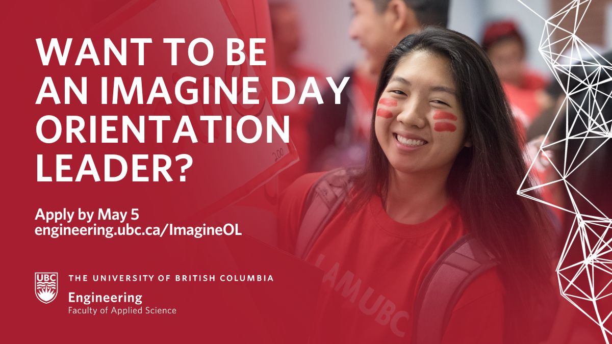 Help guide new #UBCEngineering students and sharpen your leadership skills as an Imagine Day orientation leader! 📆 Applications close on May 5 🔗 Apply today! ⤵️ engineering.ubc.ca/ImagineOL