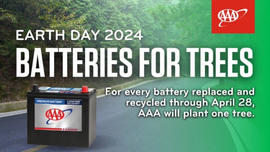 In honor of #EarthDay🌎, for every car battery @AAAClubAlliance replaces and recycles through 4/30, our Club will plant one tree in a National Forest through the @ArborDay Foundation. #PlantATree #trees