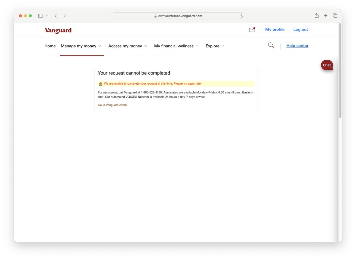 hey <a href="/Vanguard_Group/">Vanguard</a>, this is a problem with your site. Despite your customer service agents' insistence, my trying a different computer or different browser isn't going to help. I want to give you money, but I can't!