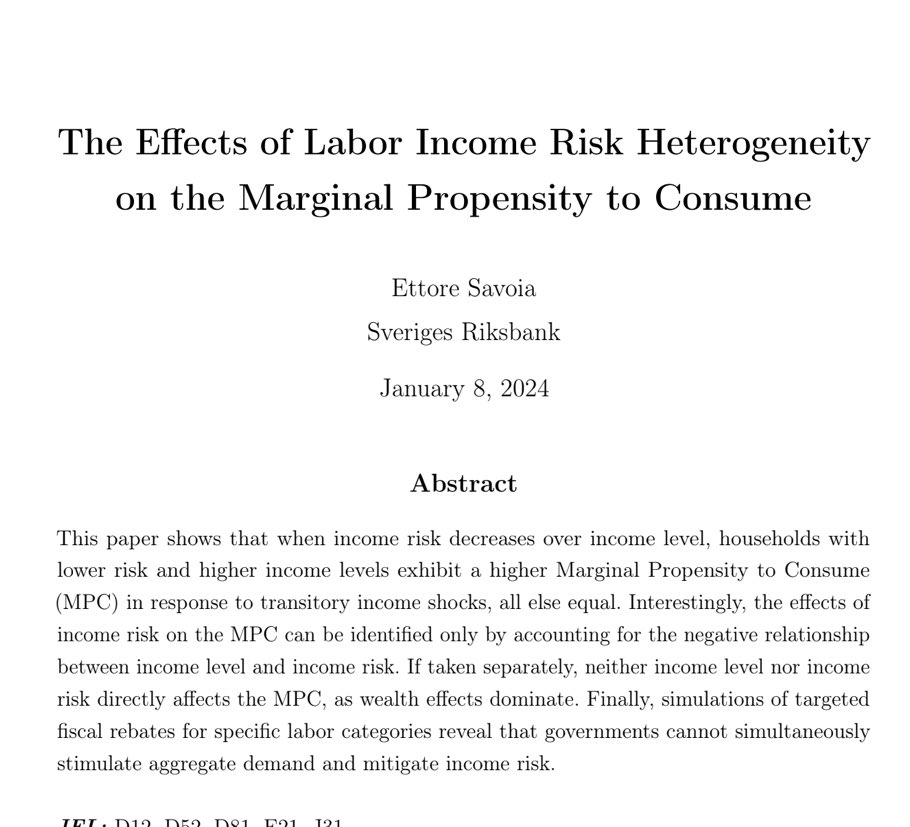Please,  apologize for the self-promotion: 

'The Effects of Labor Income Risk Heterogeneity on the Marginal Propensity to Consume”

2 key results: 

1. It explains why high-income households have high MPCs

2. Fiscal side: Insurance better than stimulus