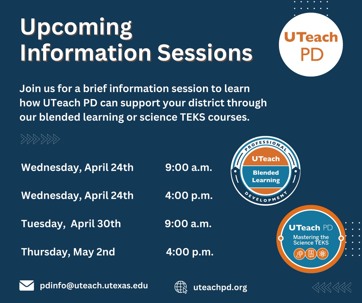 Join us for an upcoming information session to learn more about our #blendedlearning and #scienceTEKS courses. Let us know you'd like to attend a session and we'll send you the link. Sign up here: tinyurl.com/53atejdj